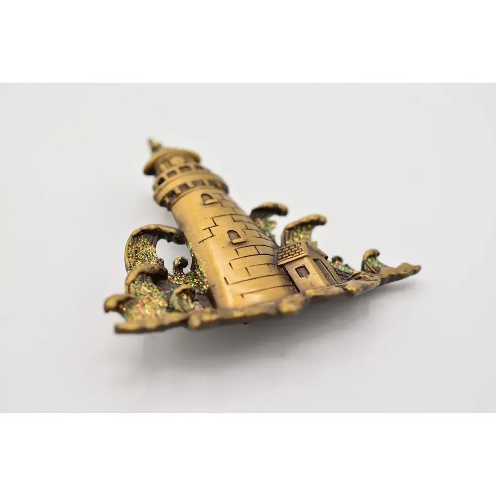 JJ Vintage Lighthouse Pin Brooch Glitter Beach Waves Bronze Signed 1980s BinAH